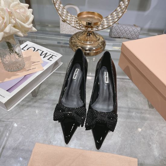 Miu Miu Rhinestone Bow Kitten Heel Pumps Satin Upper Leather Sole
