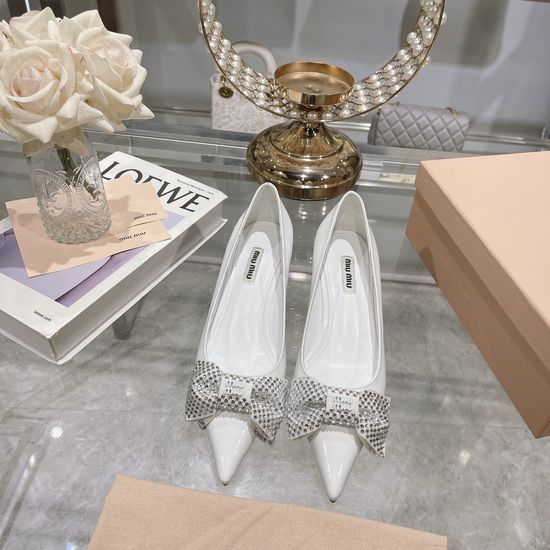 Miu Miu Rhinestone Bow Kitten Heel Pumps Satin Upper Leather Sole