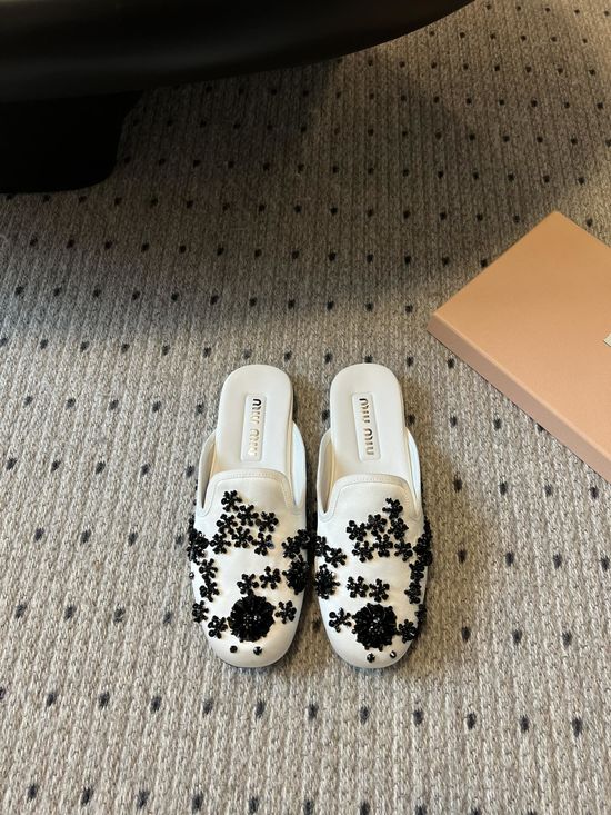 Miu Miu Beaded Loafer Slides Silk Upper Handmade Non-slip Sole