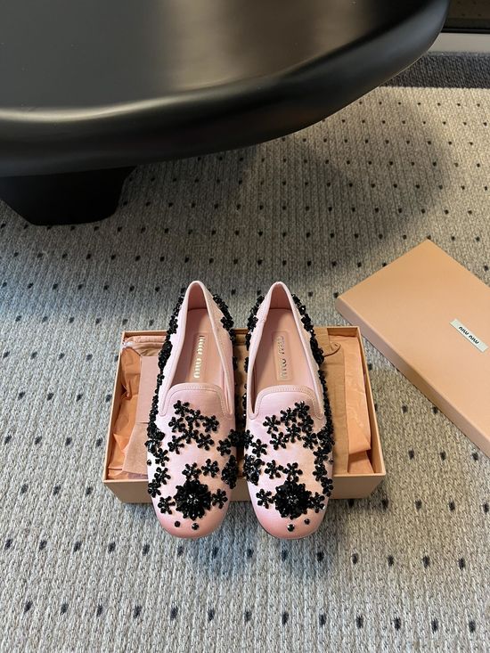 Miu Miu Beaded Loafer Slides Silk Upper Handmade Non-slip Sole