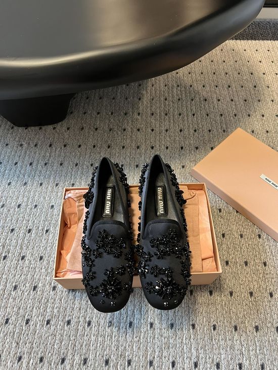 Miu Miu Beaded Loafer Slides Silk Upper Handmade Non-slip Sole