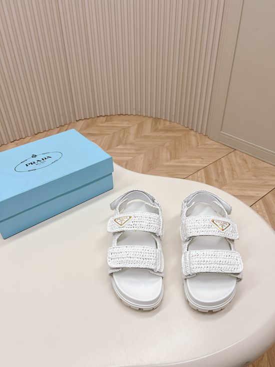 Prada Handwoven Platform Slide Sandals with Metal Accent