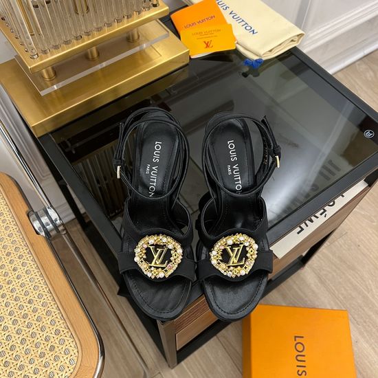 Louis Vuitton Rhinestone Buckle High Heel Silk Sandals