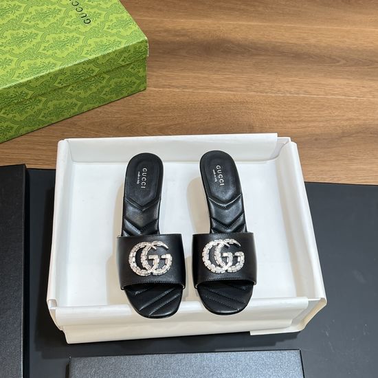 Gucci Crystal Buckle Decor Leather Block Heel Slide Sandals