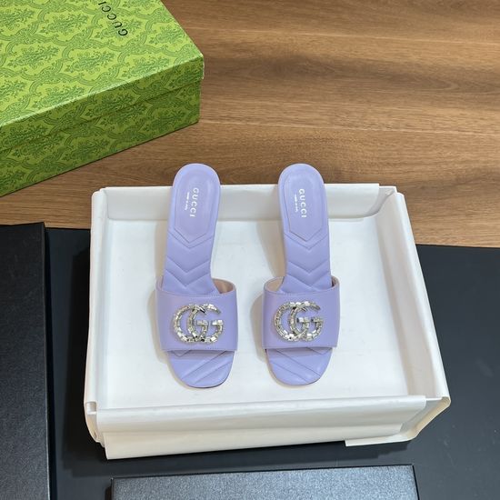 Gucci Crystal Buckle Decor Leather Block Heel Slide Sandals