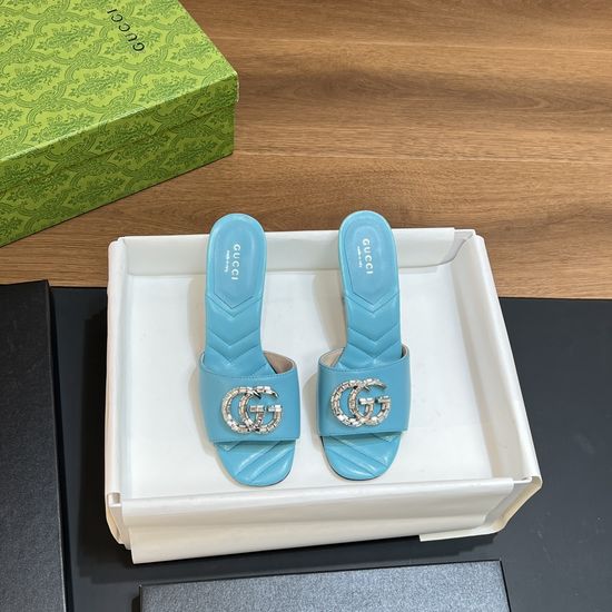 Gucci Crystal Buckle Decor Leather Block Heel Slide Sandals