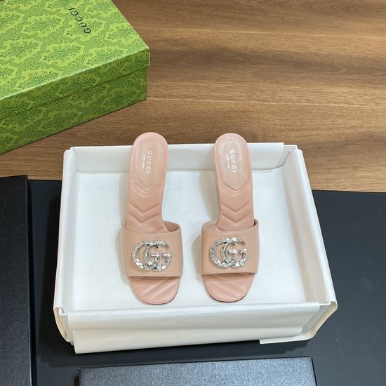Gucci Crystal Buckle Decor Leather Block Heel Slide Sandals