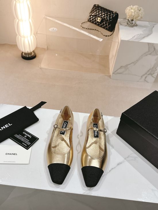 Chanel Rhinestone Decor Pointed Square Toe Leather Flat Shoes