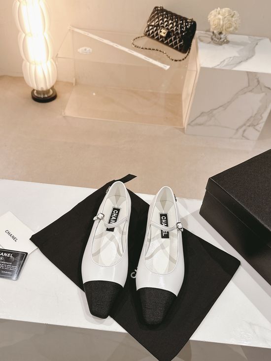 Chanel Rhinestone Decor Pointed Square Toe Leather Flat Shoes