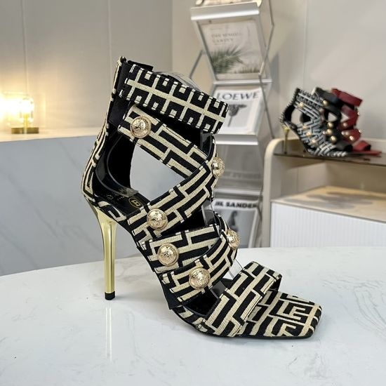 Balmain Square Toe Stiletto Sandals Jacquard Canvas Upper Sheepskin Lining