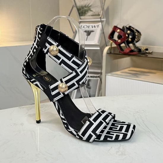 Balmain Square Toe Stiletto Sandals Jacquard Canvas Upper Sheepskin Lining