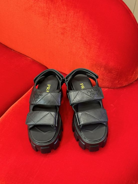 Prada Velcro Closure Leather Sandals Classic Daily Wear