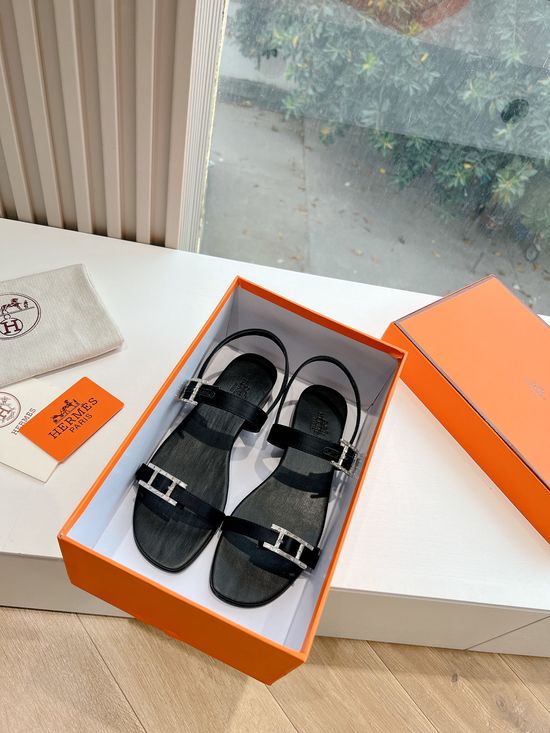 Hermes Classic Rhinestone Buckle Genuine Leather Slide Sandals