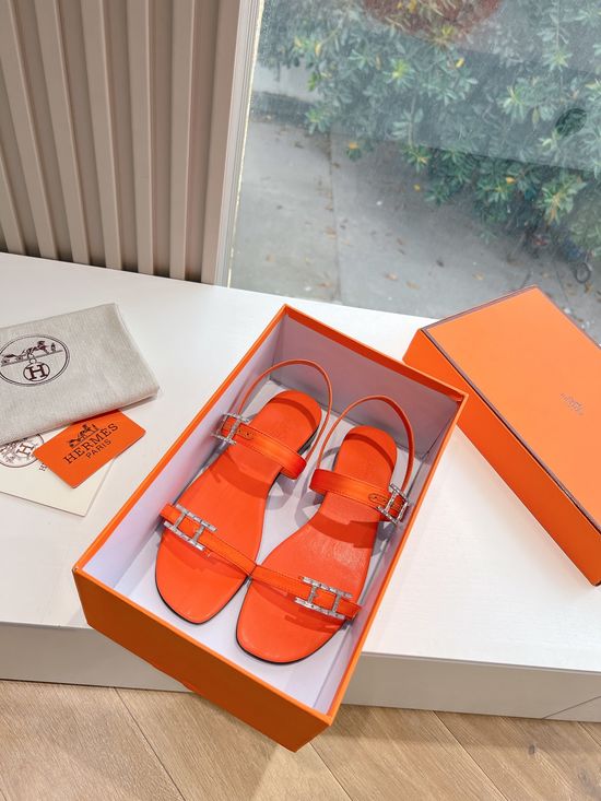 Hermes Classic Rhinestone Buckle Genuine Leather Slide Sandals
