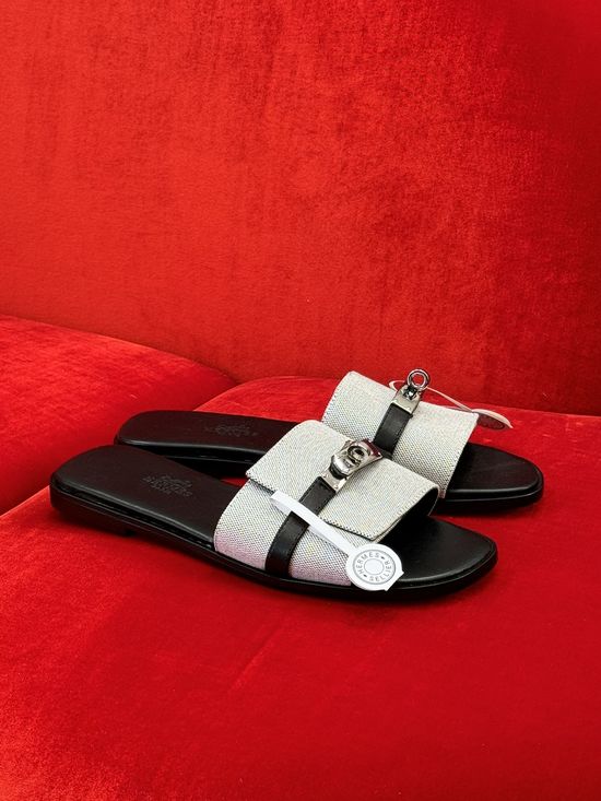 Hermes Classic Flat Slippers Cowhide Denim Upper Leather Sole