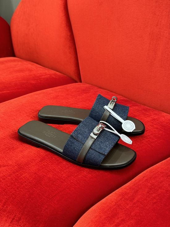 Hermes Classic Flat Slippers Cowhide Denim Upper Leather Sole