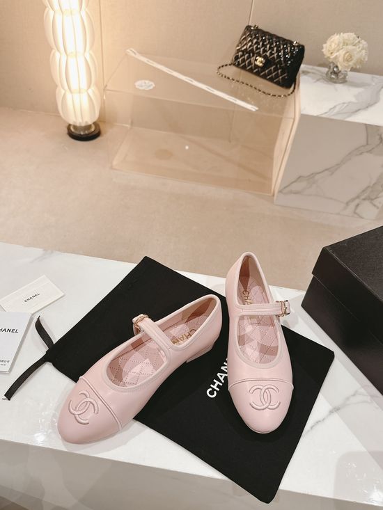 Chanel Embroidered Logo Round Toe Leather Flat Mary Janes