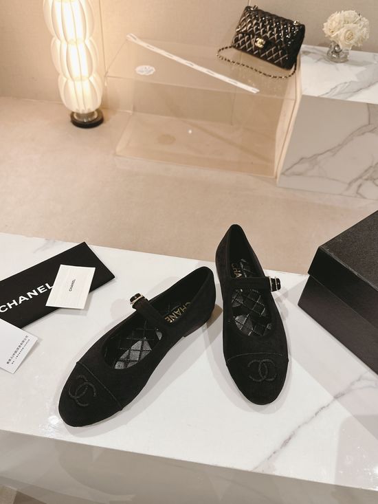 Chanel Embroidered Logo Round Toe Leather Flat Mary Janes