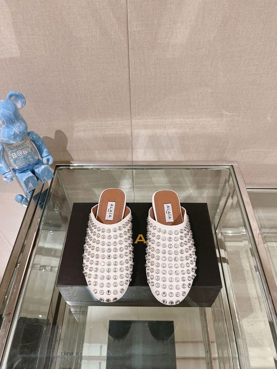 Alaia Rhinestone Decor Leather Ballet Flats Comfort Soft Sole Shoes