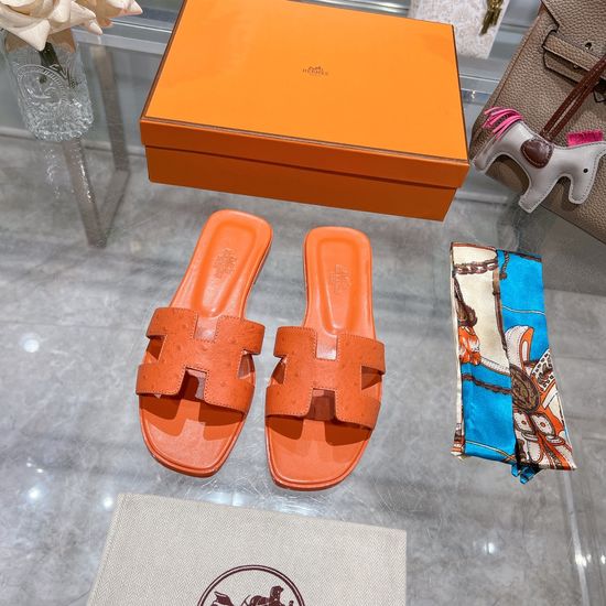 Hermes Flat Ostrich Leather Slides Soft Comfortable Casual Footwear