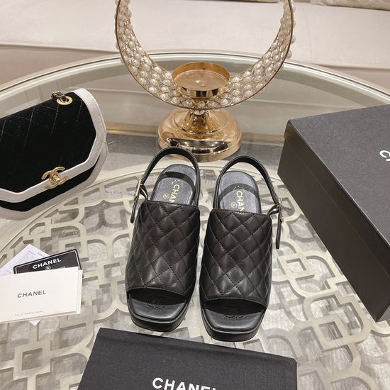 Chanel Chunky Heel Peep Toe Genuine Leather Dress Sandals