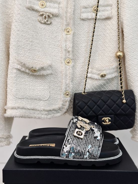 Chanel Sequin Rhinestone Slip On Slides Soft Silk Insole