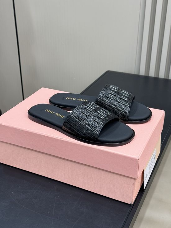 Miu Miu Woven Upper Slide Slippers with Embroidered Logo