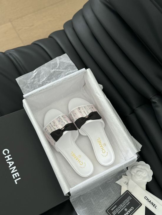 Chanel Peep Toe Leather Slippers with Bow Accent