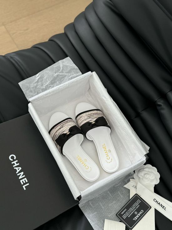 Chanel Peep Toe Leather Slippers with Bow Accent