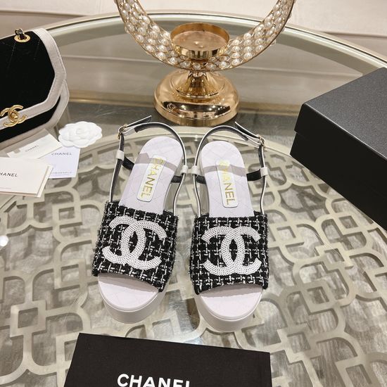 Chanel Wedge Heel Classic Fabric Upper Dress Sandals