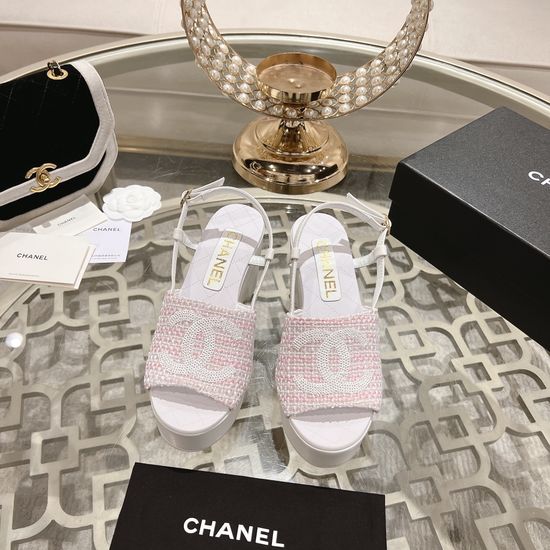 Chanel Wedge Heel Classic Fabric Upper Dress Sandals