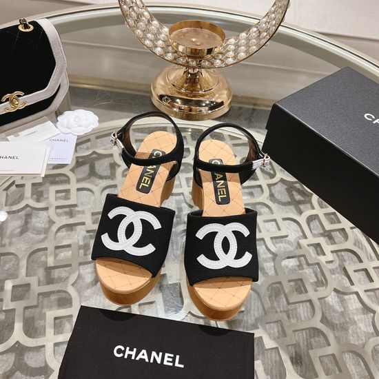 Chanel Wedge Heel Classic Fabric Upper Dress Sandals