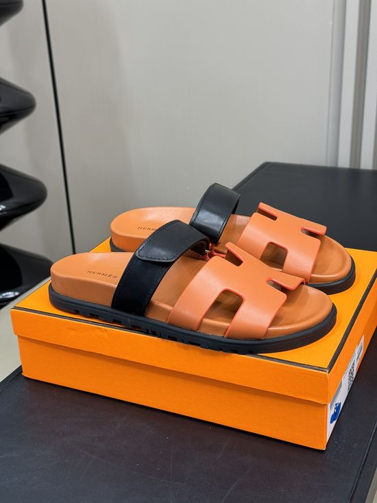 Hermes Cowhide Platform Color Block Casual Slide Slippers