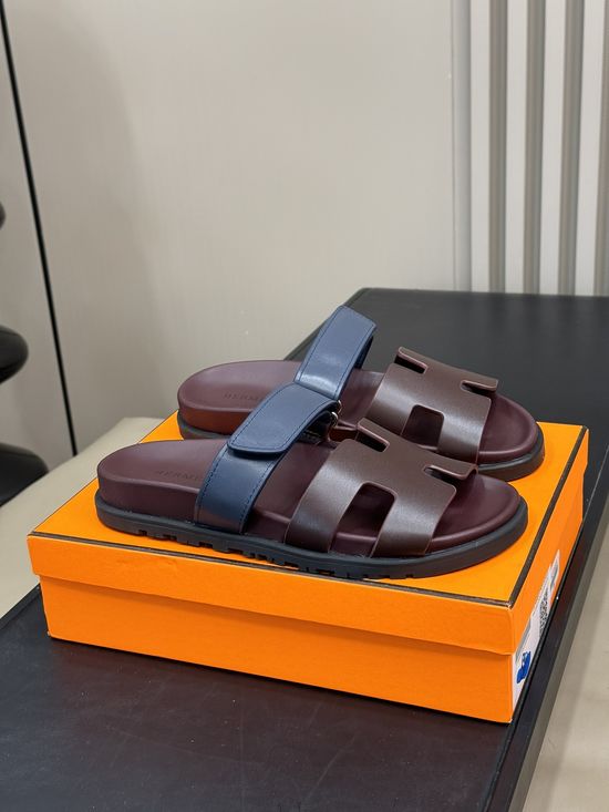 Hermes Cowhide Platform Color Block Casual Slide Slippers