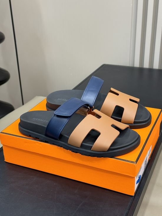 Hermes Cowhide Platform Color Block Casual Slide Slippers