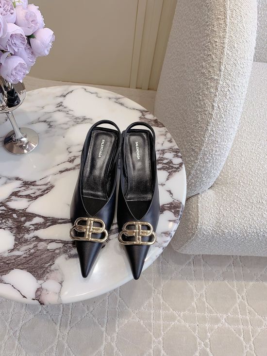 Balenciaga Classic Low Heel Pointed Toe Leather Slingback Shoes