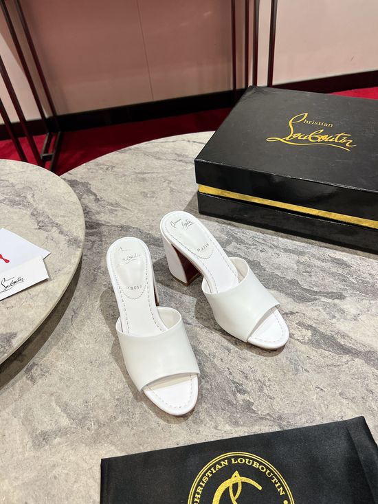 Christian Louboutine White Leather Chunky Heel Slide Sandals Strap Design