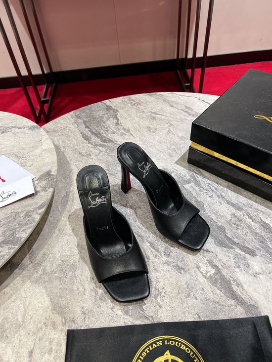 Christian Louboutine Classic Black Leather Square Toe Slip On Mules