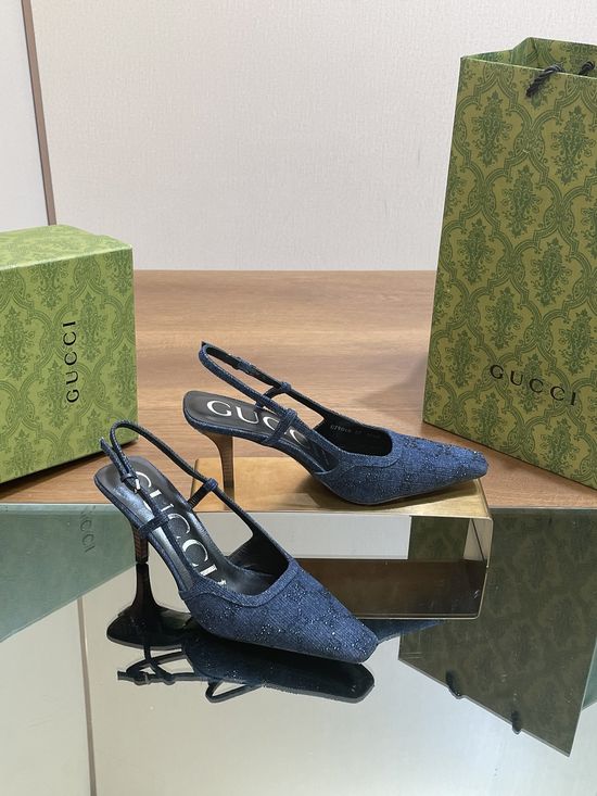 Gucci Denim Rhinestone Square Toe Kitten Heel Mule Sandals
