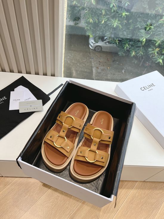 Celine Vintage Style Leather Flat Slide Sandals With Embossed Logo