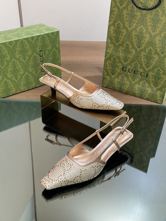 Gucci Rhinestone G Decor Square Toe Kitten Heel Mule Sandals