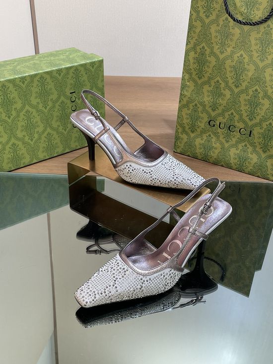 Gucci Rhinestone G Decor Square Toe Stiletto Heel Sandals