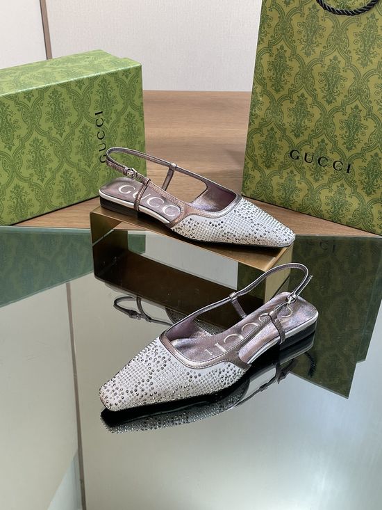 Gucci Shiny Embellished Square Toe Flat Genuine Leather Sandals