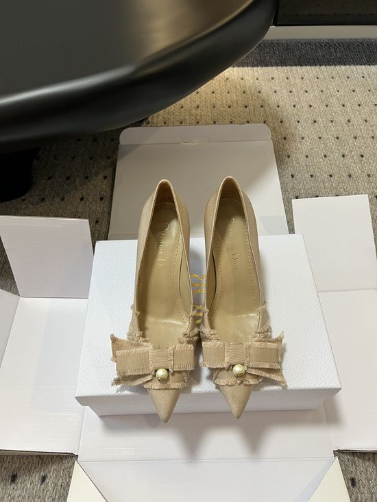 Christian Dior Asymmetric Bow Pearl Decor Kitten Heel Casual Shoes