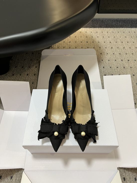 Christian Dior Asymmetric Bow Pearl Decor Kitten Heel Casual Shoes