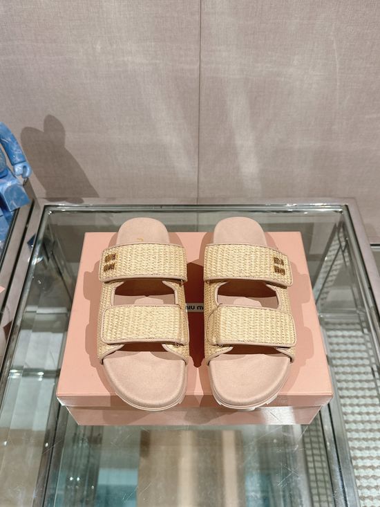 Miu Miu Woven Fabric Hook Loop Slide Sandals Soft Lined Casual Shoes