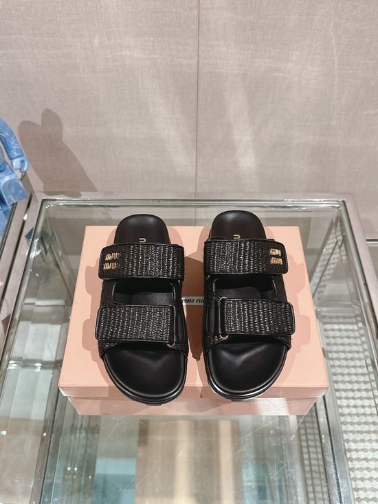 Miu Miu Woven Fabric Hook Loop Slide Sandals Soft Lined Casual Shoes