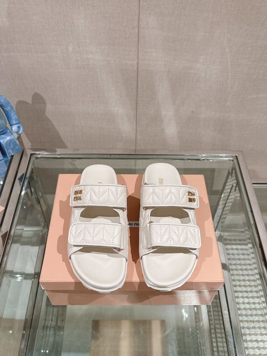 Miu Miu Leather Hook Loop Slide Sandals Padded Casual Summer Footwear