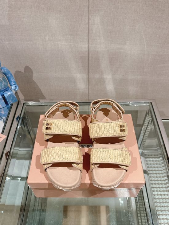 Miu Miu Woven Fabric Hook Loop Slide Sandals Soft Lined Casual Shoes