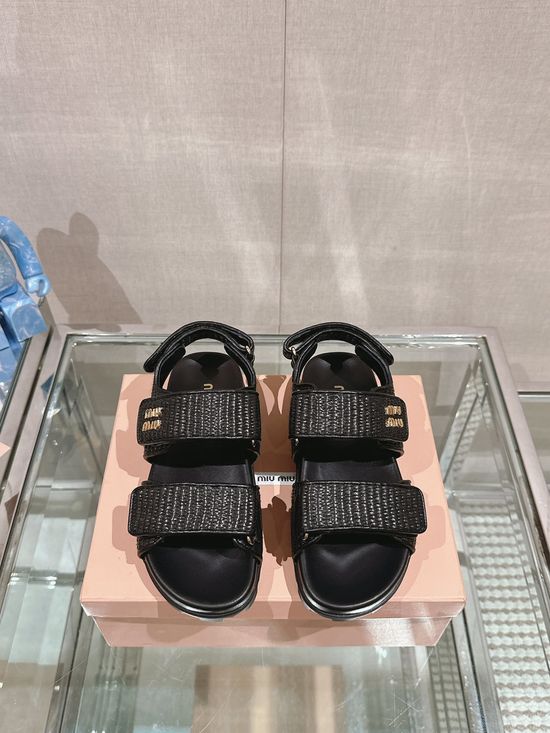Miu Miu Woven Fabric Hook Loop Slide Sandals Soft Lined Casual Shoes